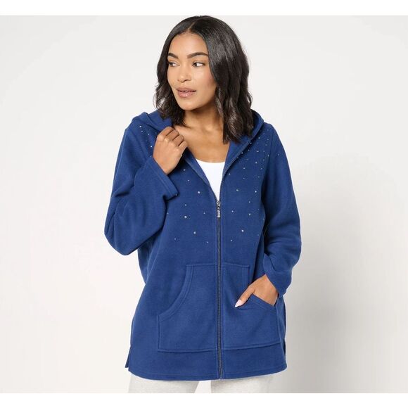 Quacker Factory Womens XL Embellished Fleece Zip Front Jacket Light Blue NWOT - Picture 1 of 4